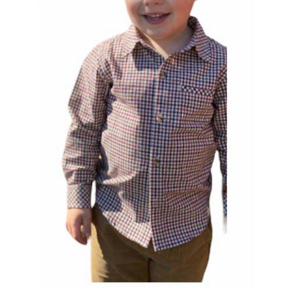 NEW ME & HENRY boy's atwood long sleeve woven collared shirt in brown & beige pl - Picture 2 of 3